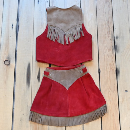 Girls red leather skirt &amp; vest set by Southbay Leather, genuine leather two-piece youth Western outfit