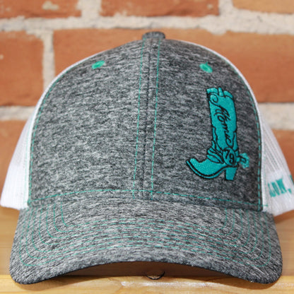 Atomic 79 Heather Grey Ball Cap W/White Mesh and Turquoise Stitching view of front