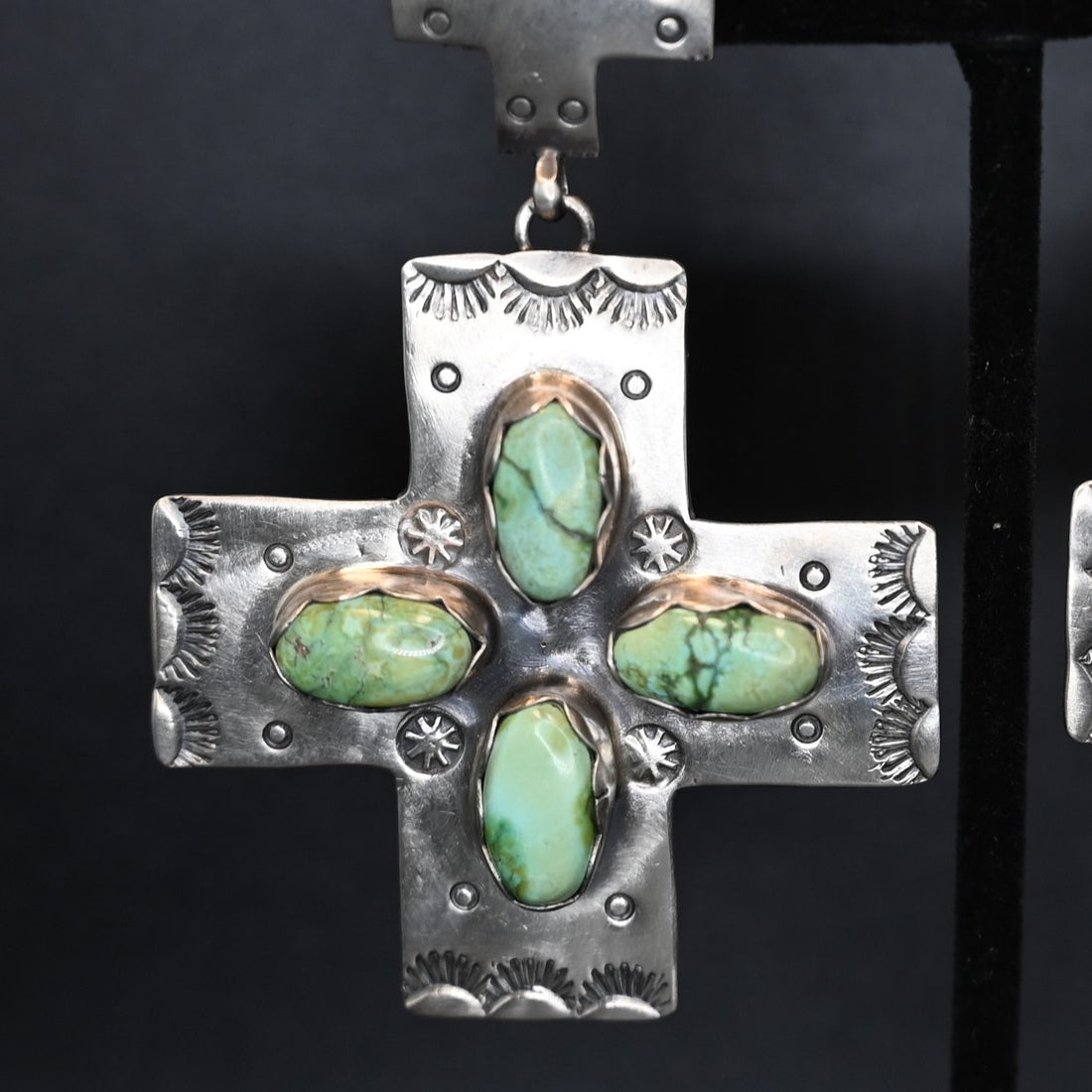 Tyrone Cross Post Earring with 4 Oval Stones on Cross Dangle view of close up