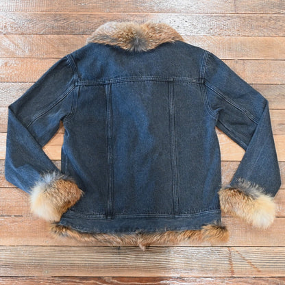 Black denim jacket with red fox fur trim on collar, cuffs, and front placket