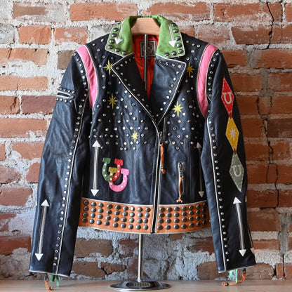 Double D Ranch Atomic Ranch bronco brown biker jacket with fringe, studs, crystals, and starburst embroidery