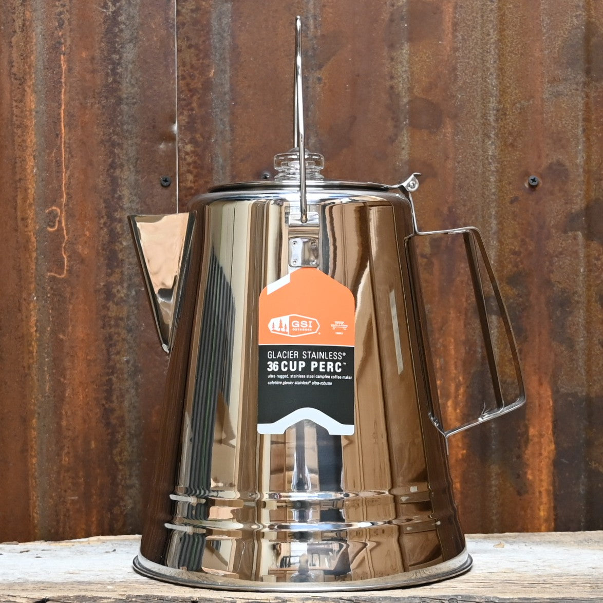 GSI Glacier Stainless Coffee Percolator 36 cup with hinged lid and clear PercView knob
