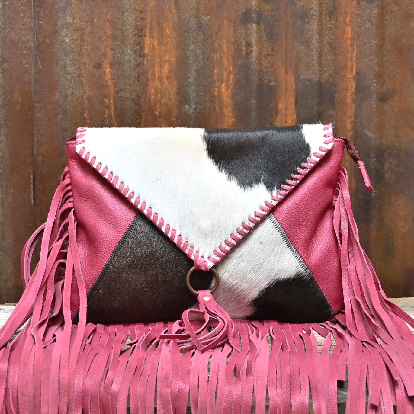 Myra Letterstone Trail Fringe Leather and Hair On in Pink view of front