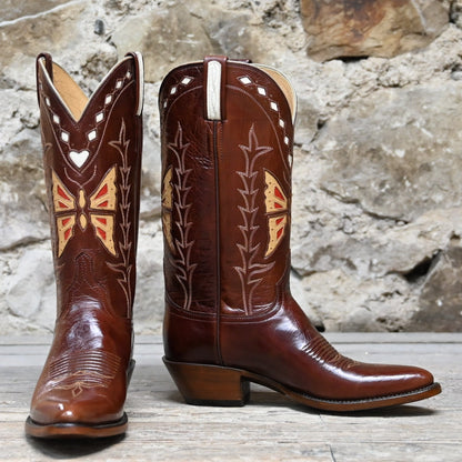 Ladies 12&quot; Classic Leather Boot In Whiskey W/Inlayed Butterfly view of front and side