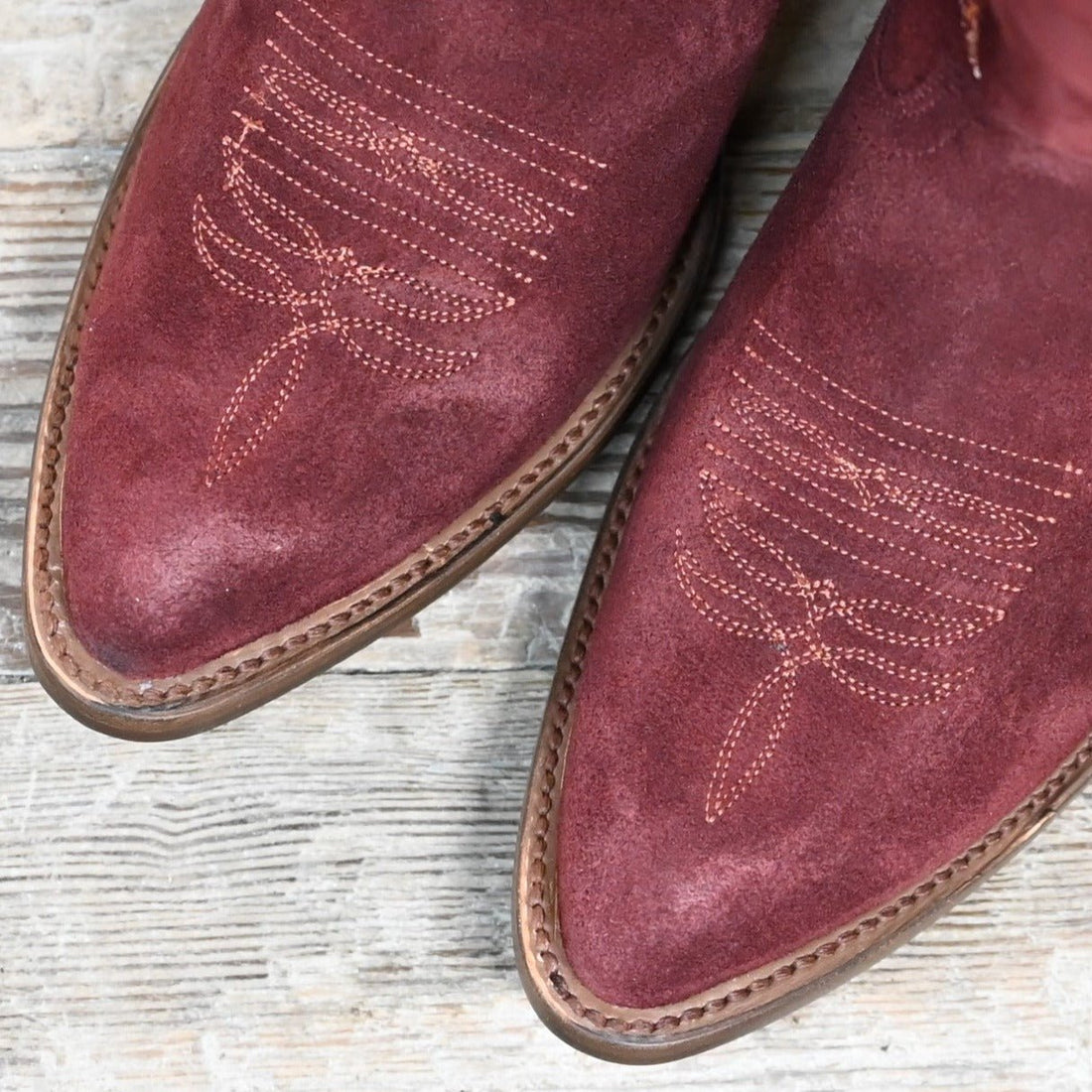 Macie Bean Cabernet Cowgirl Boots in Wine Suede view of toe