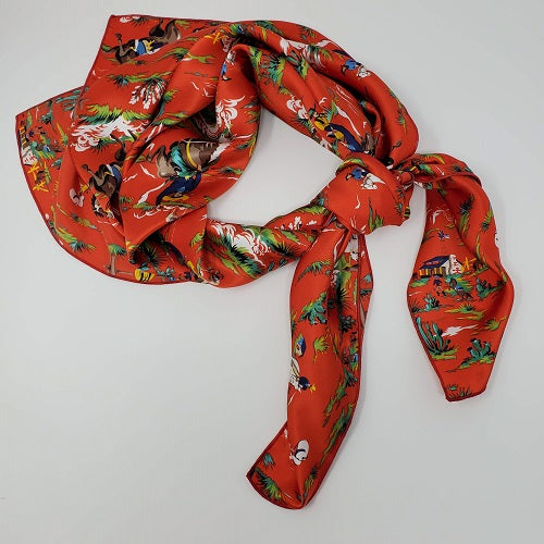 Cowboy Images Charmeuse Retro Cowboy Red Wild Rag 36x36