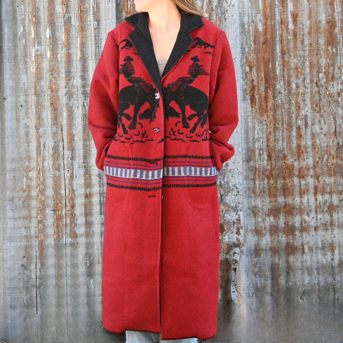 Schaefer Outfitter Ladies Blanket Coat in crimson wool-blend with horse-head button closure and large side pockets