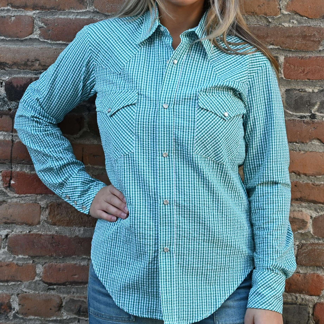 Blue Blanket Ladies Green Plaid Western Shirt in 100% Cotton with Pearl Snap