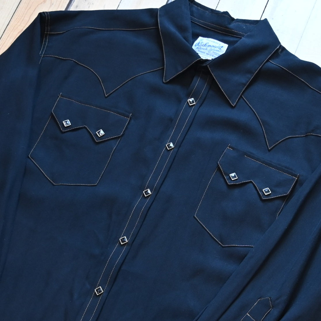 View of Black rayon herringbone Western shirt with pocket snaps and yoke detail