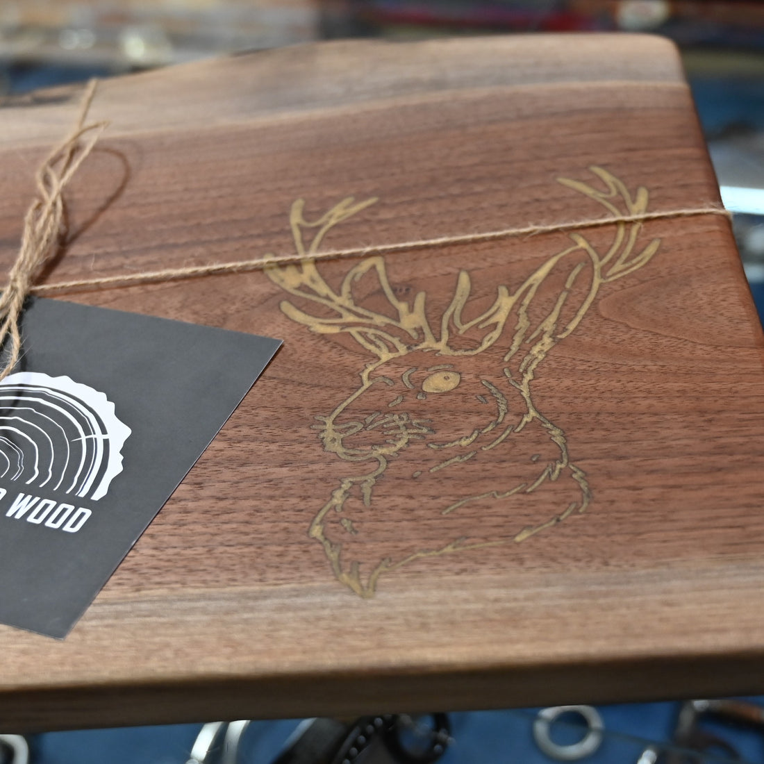 Jackalope in Gold Epoxy Inlay on Walnut Serving Board view of detail