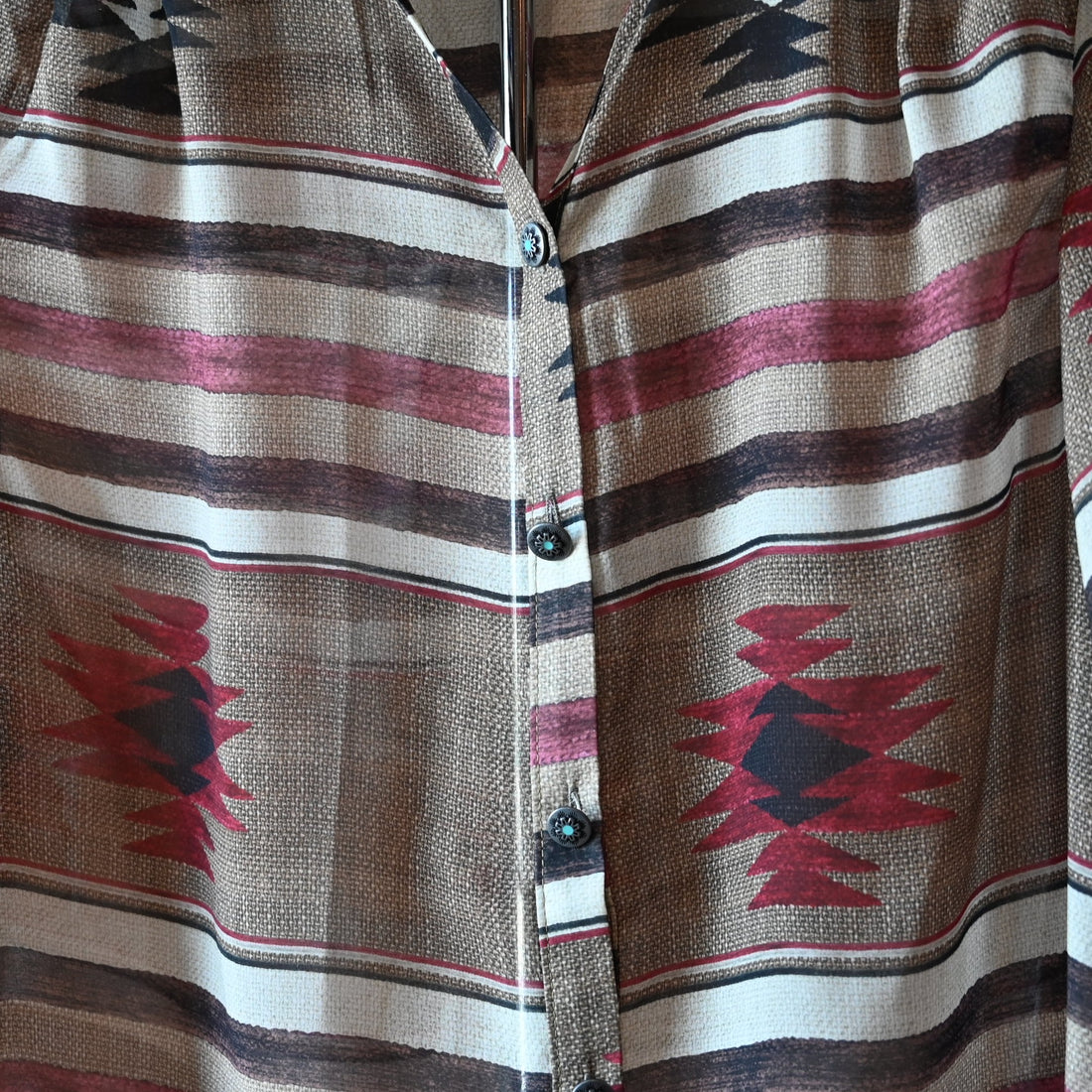 Tasha Polizzi Drew Blouse in multicolor Aztec print with long sleeves, button front, and classic collar