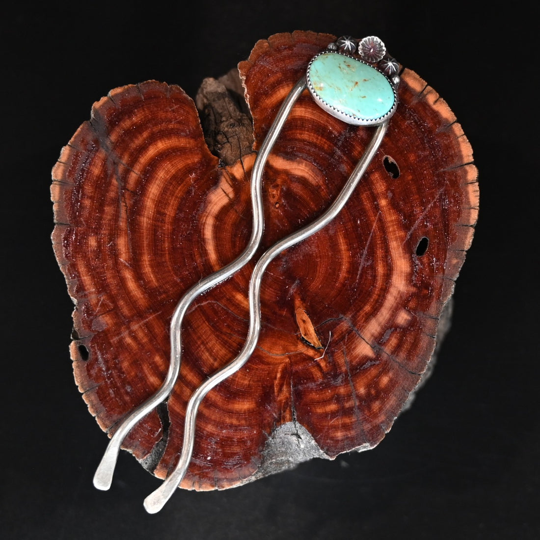 Calico Rose sterling and nickel silver hair fork with White Horse turquoise stone