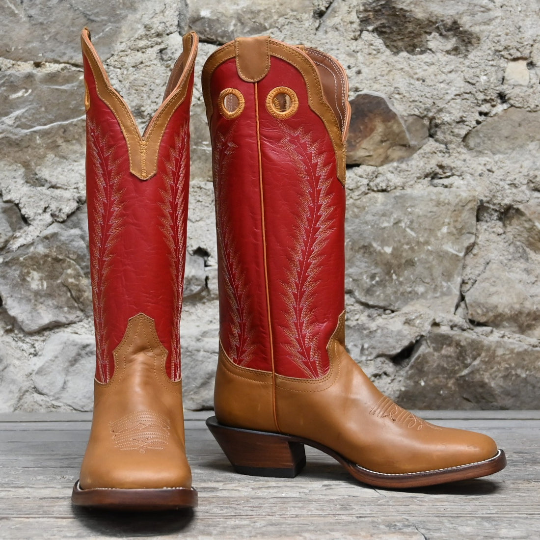 View of Hondo 16&quot; cowboy boot with red top, honey crazy horse vamp, wide square toe, pull holes, and spur ledge
