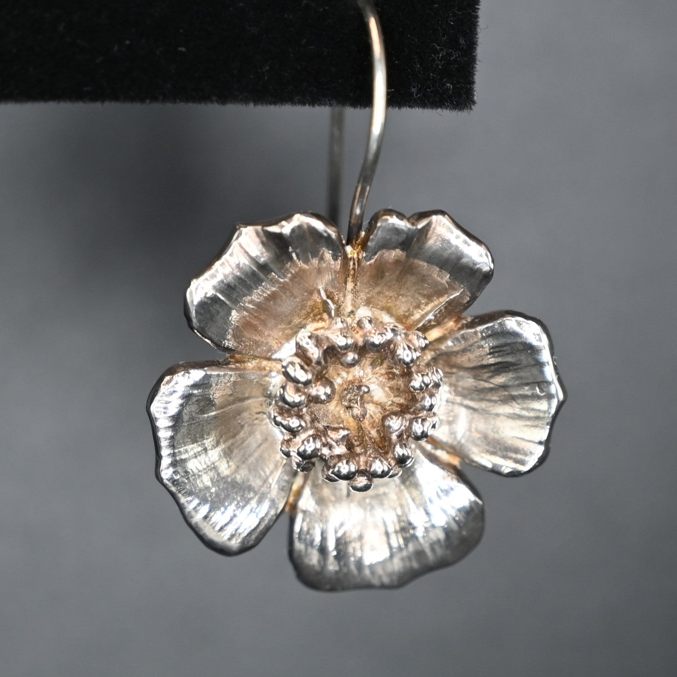 Sterling Silver Small Wild Rose Earrings On Wires close up view
