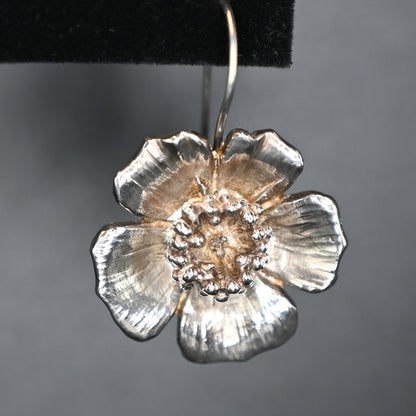 Sterling Silver Small Wild Rose Earrings On Wires view of close up