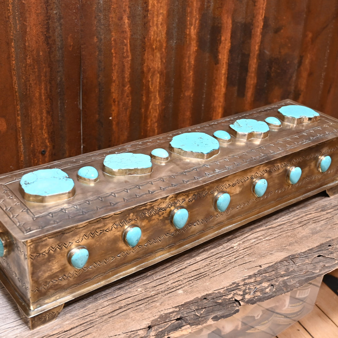 J. Alexander Rustic Silver large mantle box with turquoise stone, vintage silver patina, and velvet lining