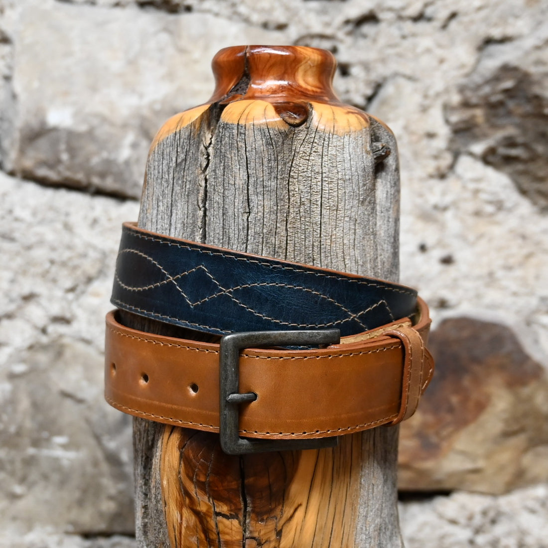 Hondo Honey Crazy Horse leather belt with navy Volcano inlay designed to match Hondo Boot 4014