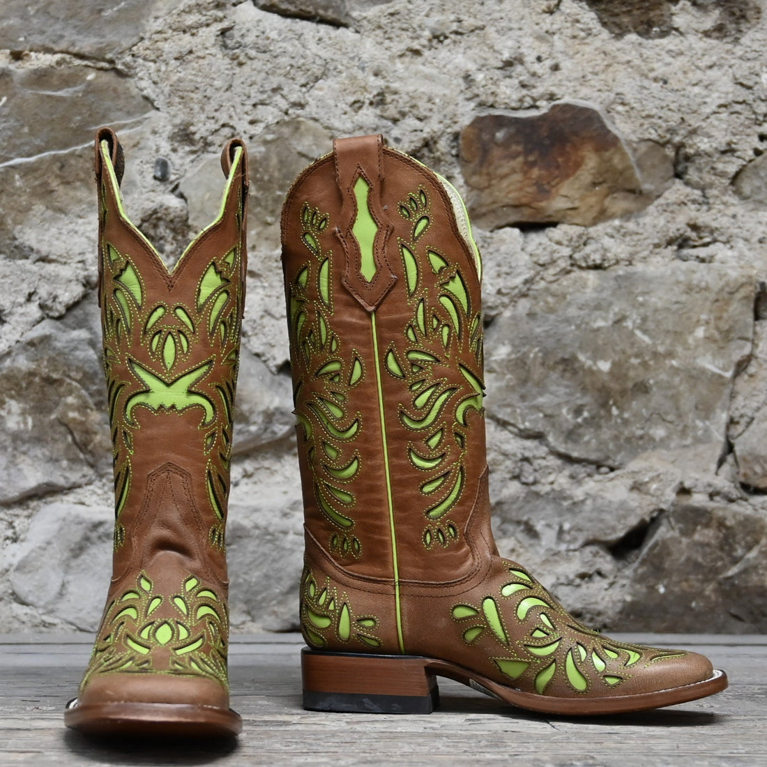 View of Hondo 13" cowboy boot in maple vintage leather with lime inlays and wide square toe
