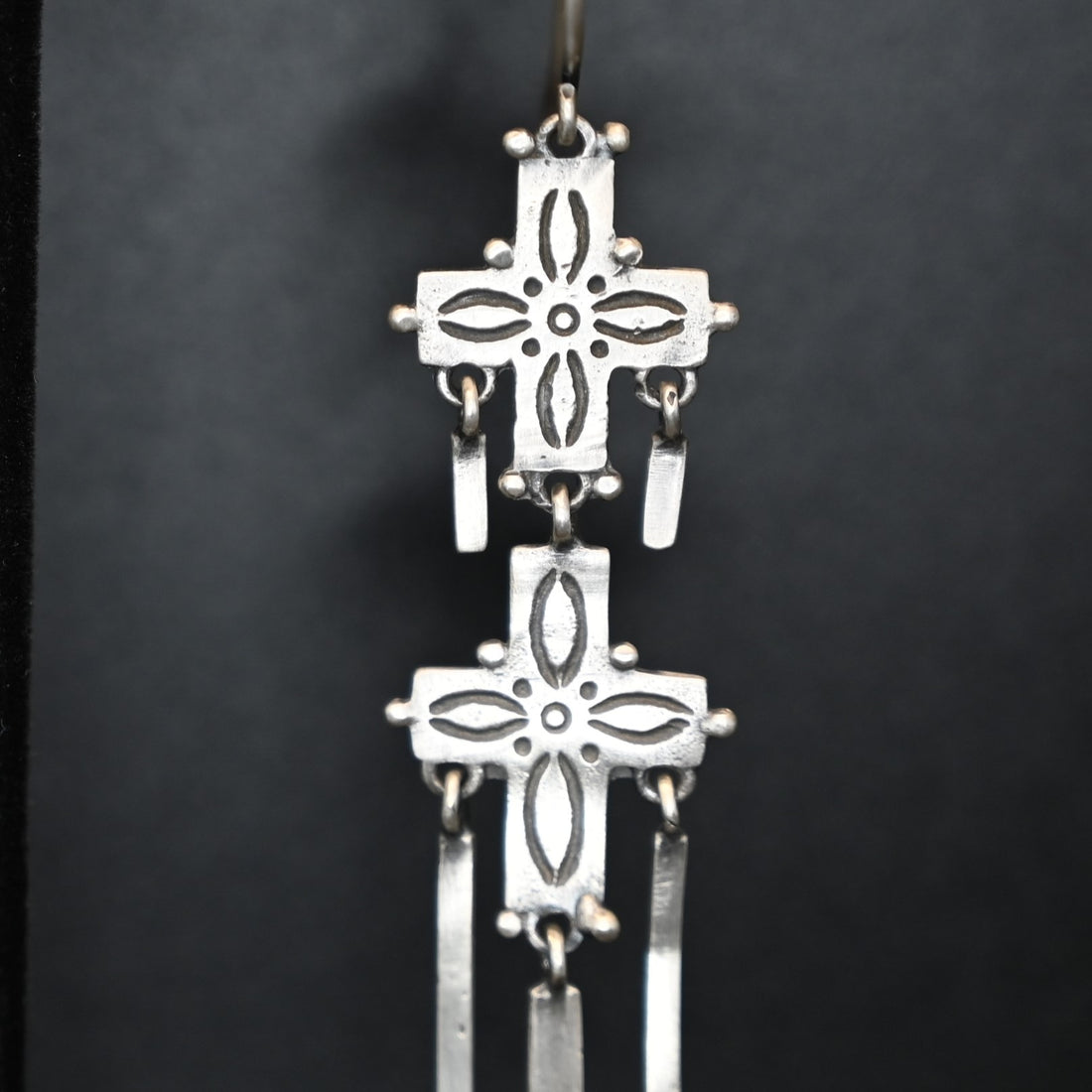 Peyote Bird Silver Two Cross with Dangles Earrings view of close up