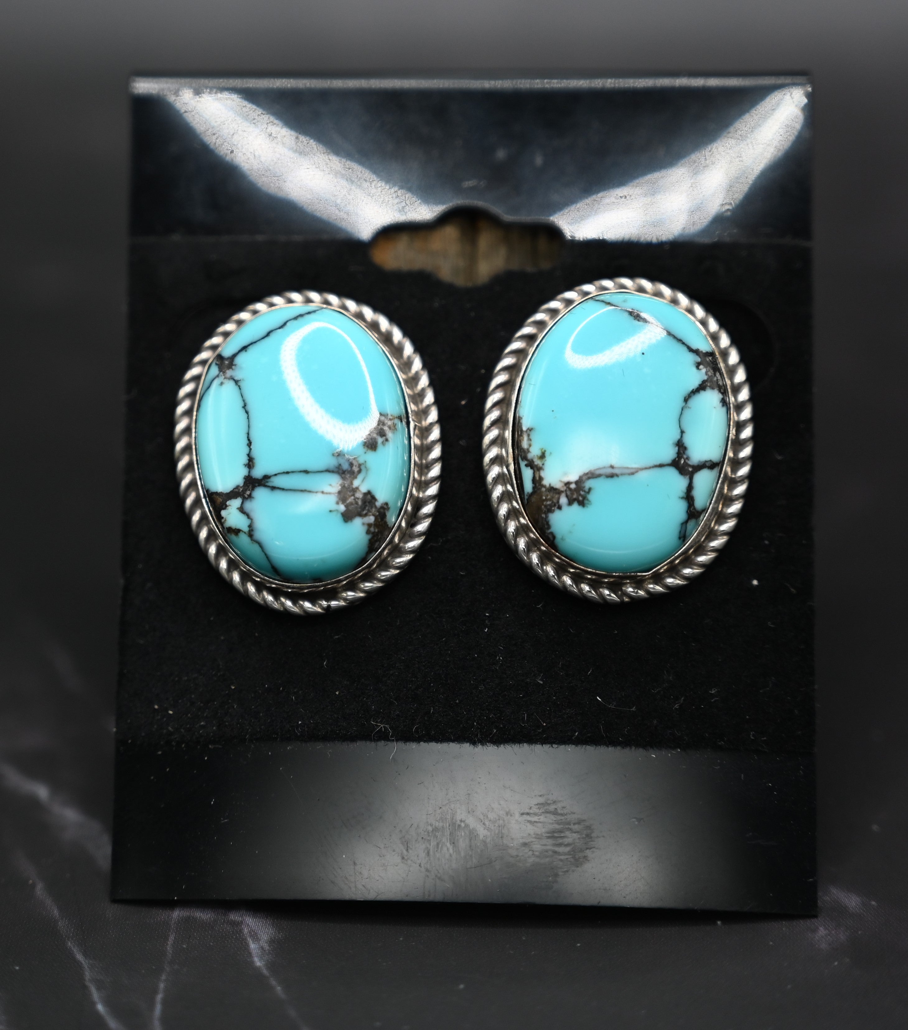 Medium Round Turquoise Stud Earring with Rope Boarder