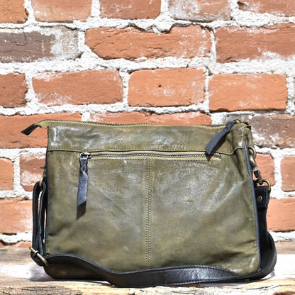 Latico Gypsy Crossbody with multiple outside pockets in Brown and Olive view of back