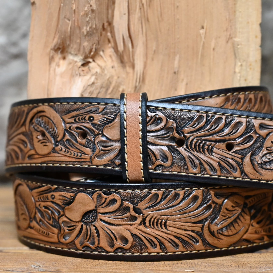 Antique Brown Hand Tooled Belt view of belt