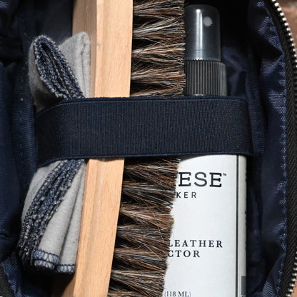 Leather Care Kit view of polishing cloth, shoe brush and leather protector