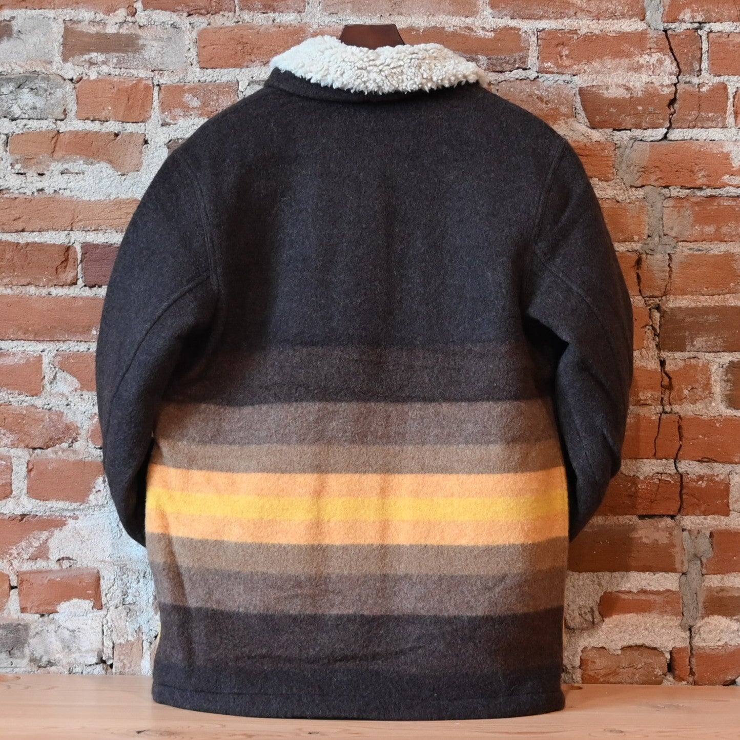 Filson Ladies Kodiak Shawl Collar Coat in Brown and Yellow Stripe with fleece-lined collar and cargo pockets