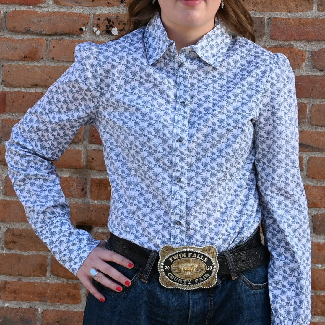 Blue Blanket Ladies Blue Flower Western Shirt with Pearl Snaps view of front