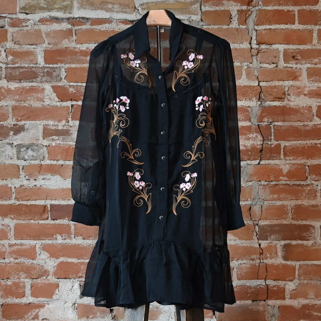 Mini Piper Western Dress with floral embroidery, sheer polyester overlay, and pearl snap closure