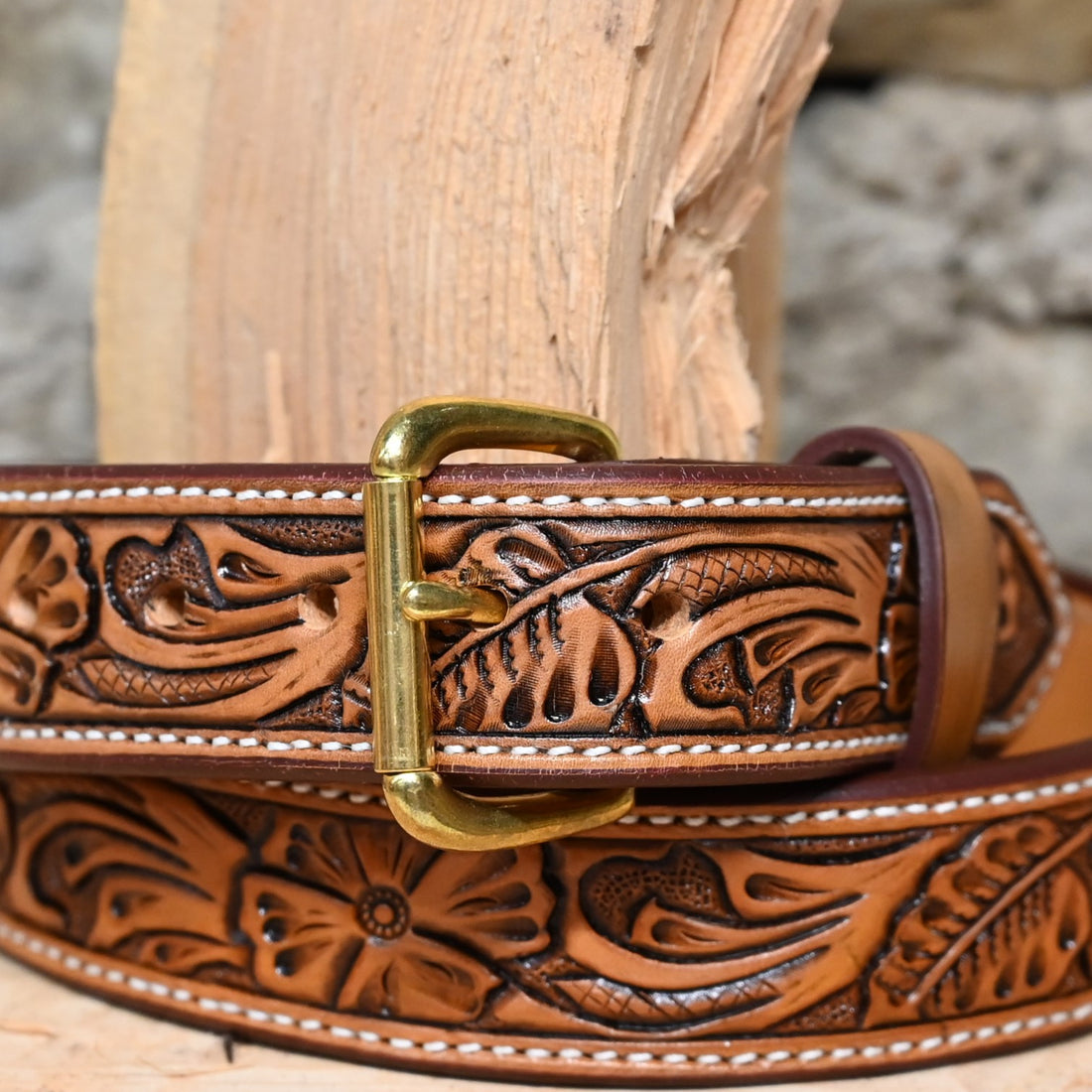Silver Spurs Saddlery Leather Floral Belt view of close up