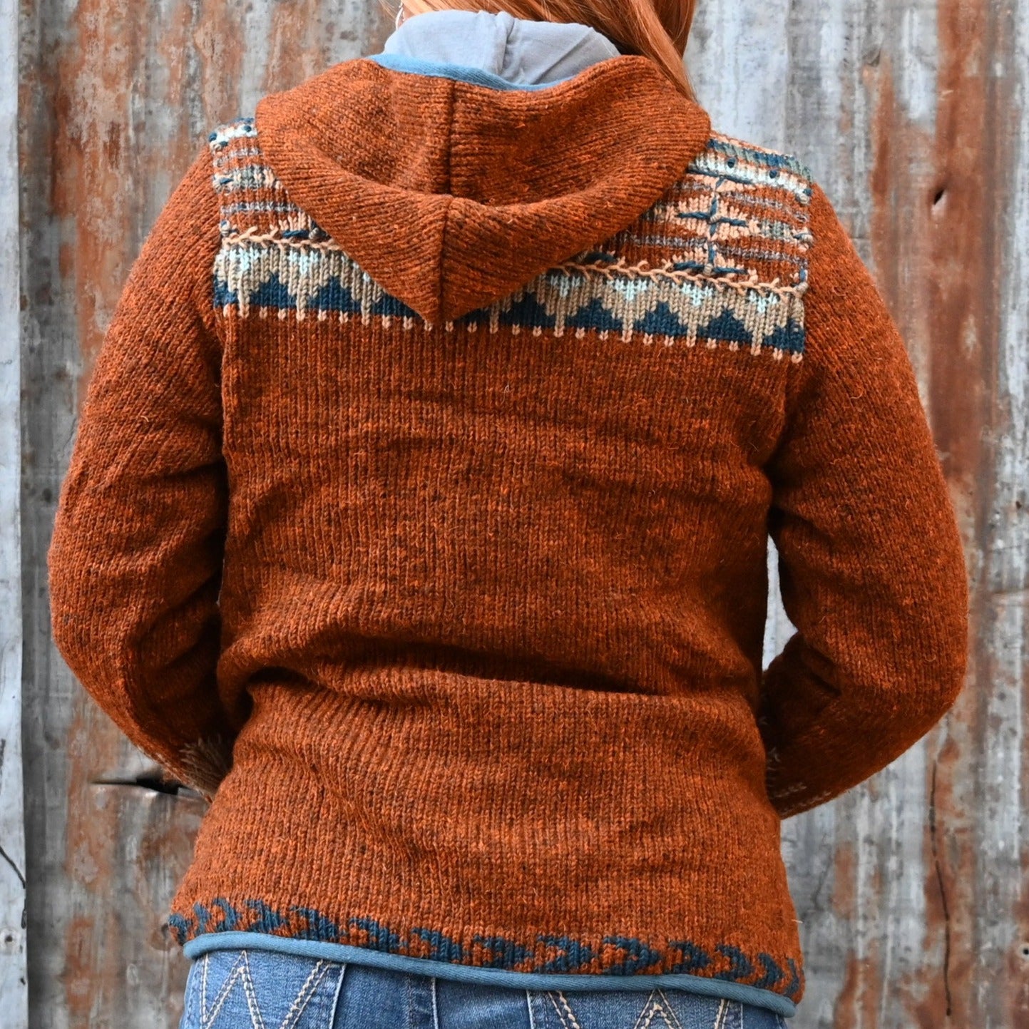 Lost Horizon Dakota Hooded Zip Wool Sweater in Dark Copper view of back 