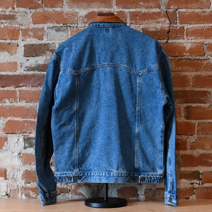 Schaefer Legend medium indigo denim jacket with leather collar and Western yoke