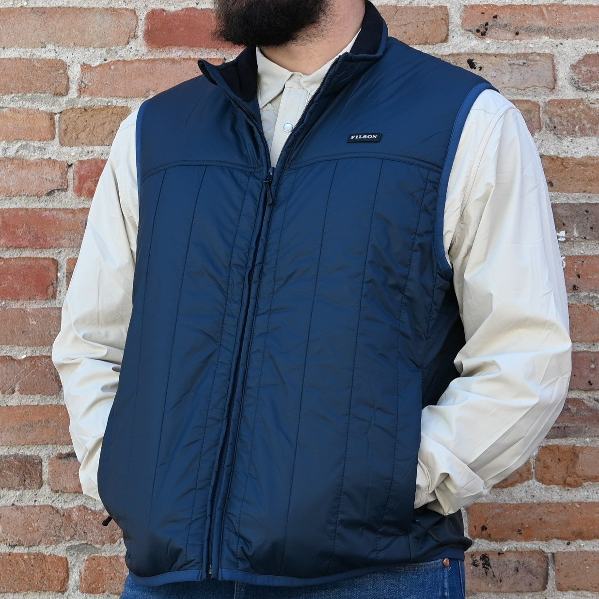 View of vest in coal blue