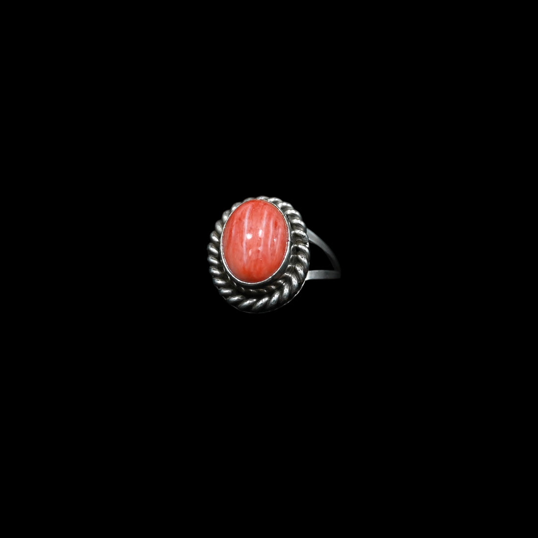 Sunwest Silver Spiny Oyster Ring in sterling silver with rope border and bold orange-red spiny oyster stone, size 9