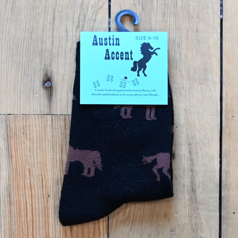 View of Kids Austin Accent Socks in Black with Brown Horses design.