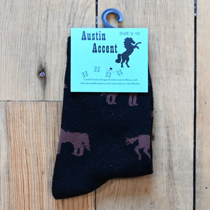View of Kids Austin Accent Socks in Black with Brown Horses design.