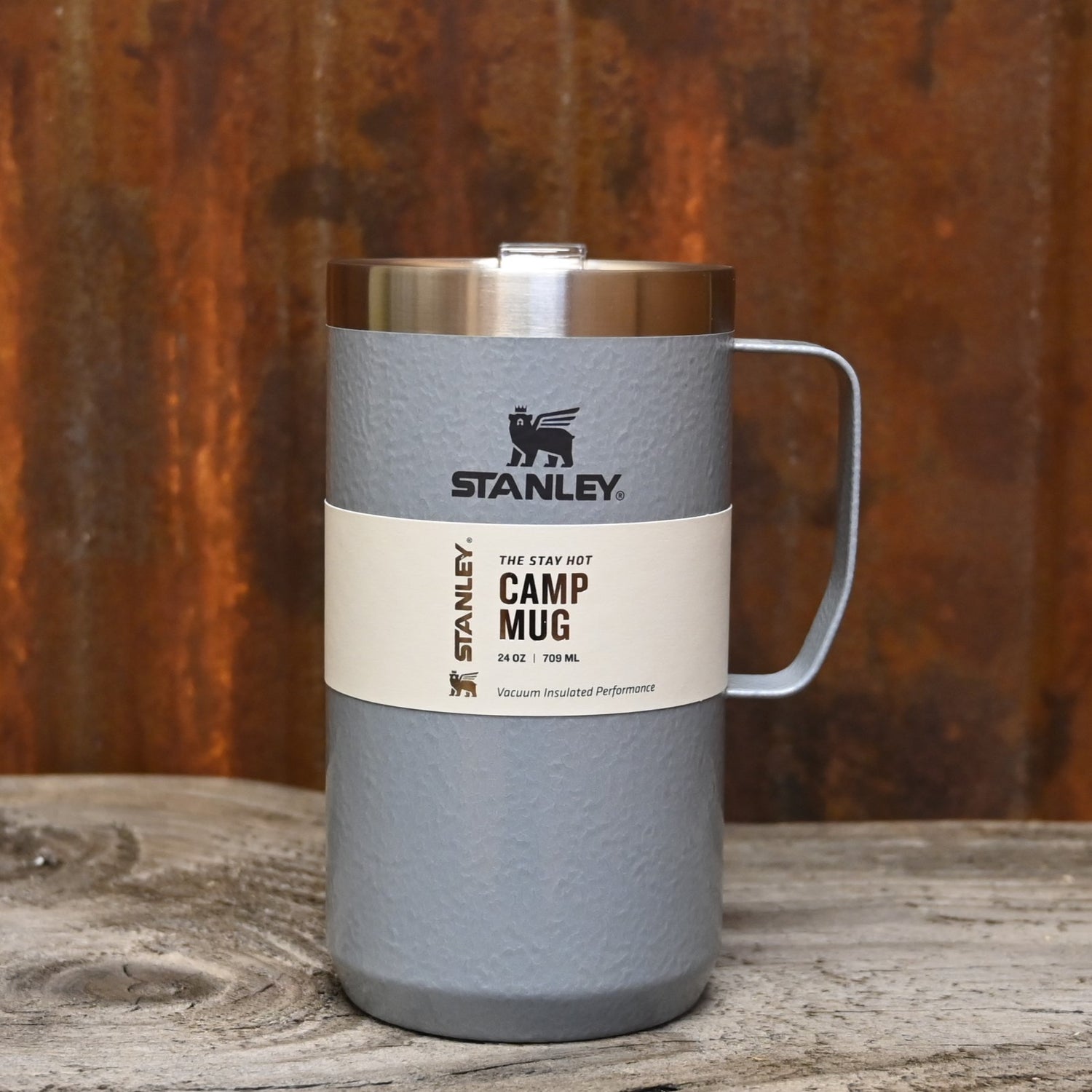 Stanley 24 Oz Stay Hot Camp Mug in Hammertone Silver view of mug