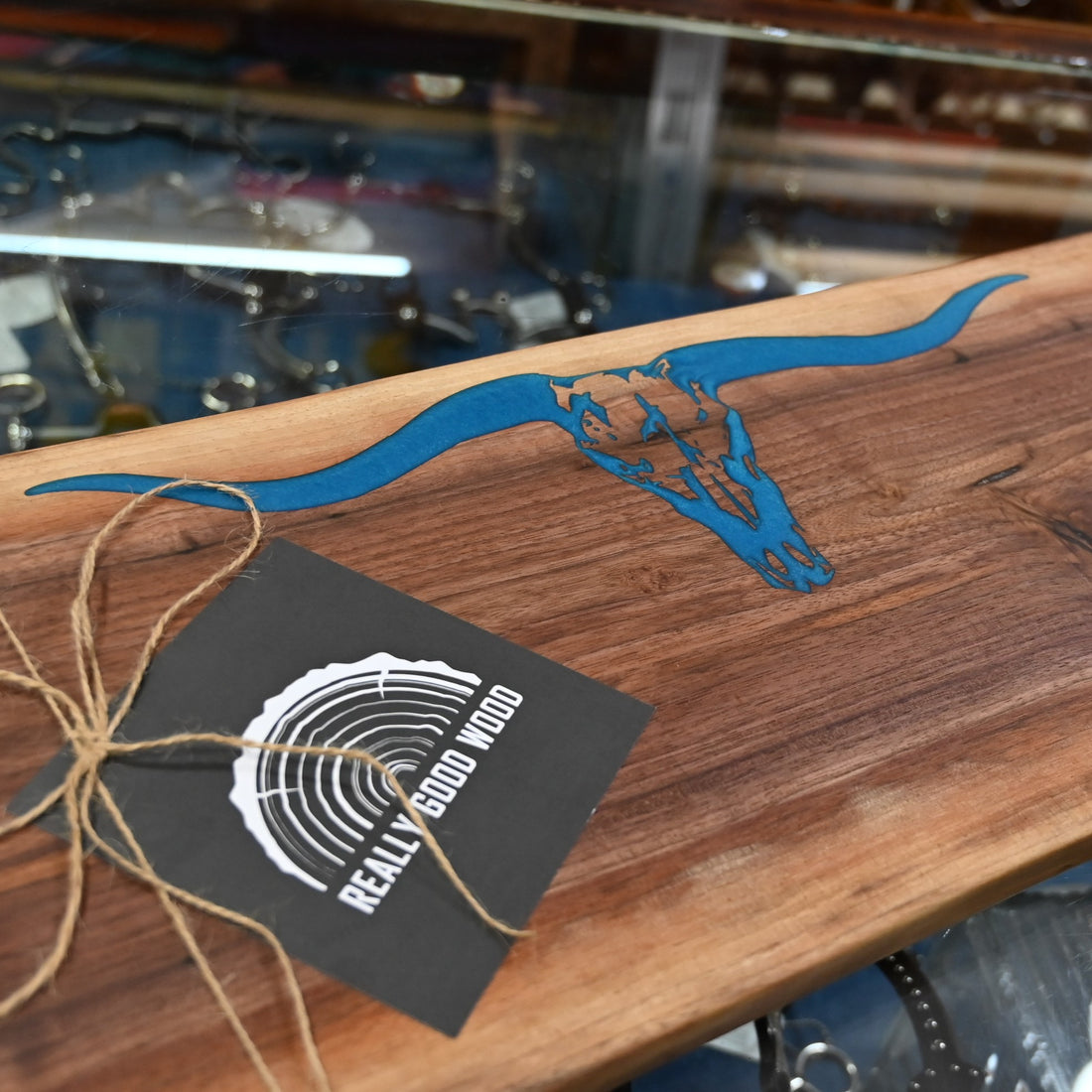 Longhorn Steer Turquoise Epoxy Inlay Walnut Serving Board view of detail