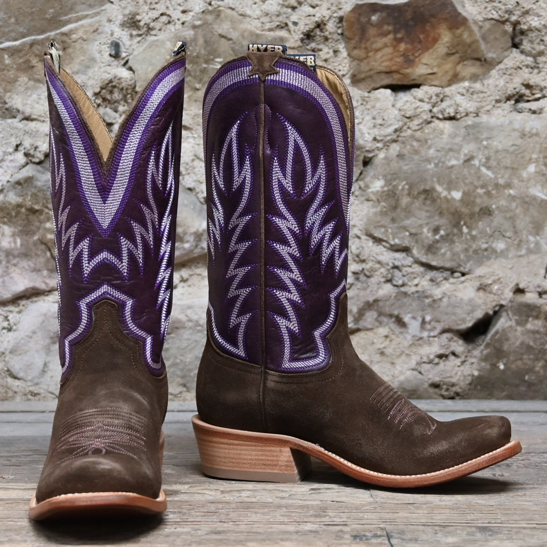 View of Hyer CULVER 13" boots showcasing chestnut napped roughout leather vamp and eggplant vintage goat upper with Cutter toe and underslung heel