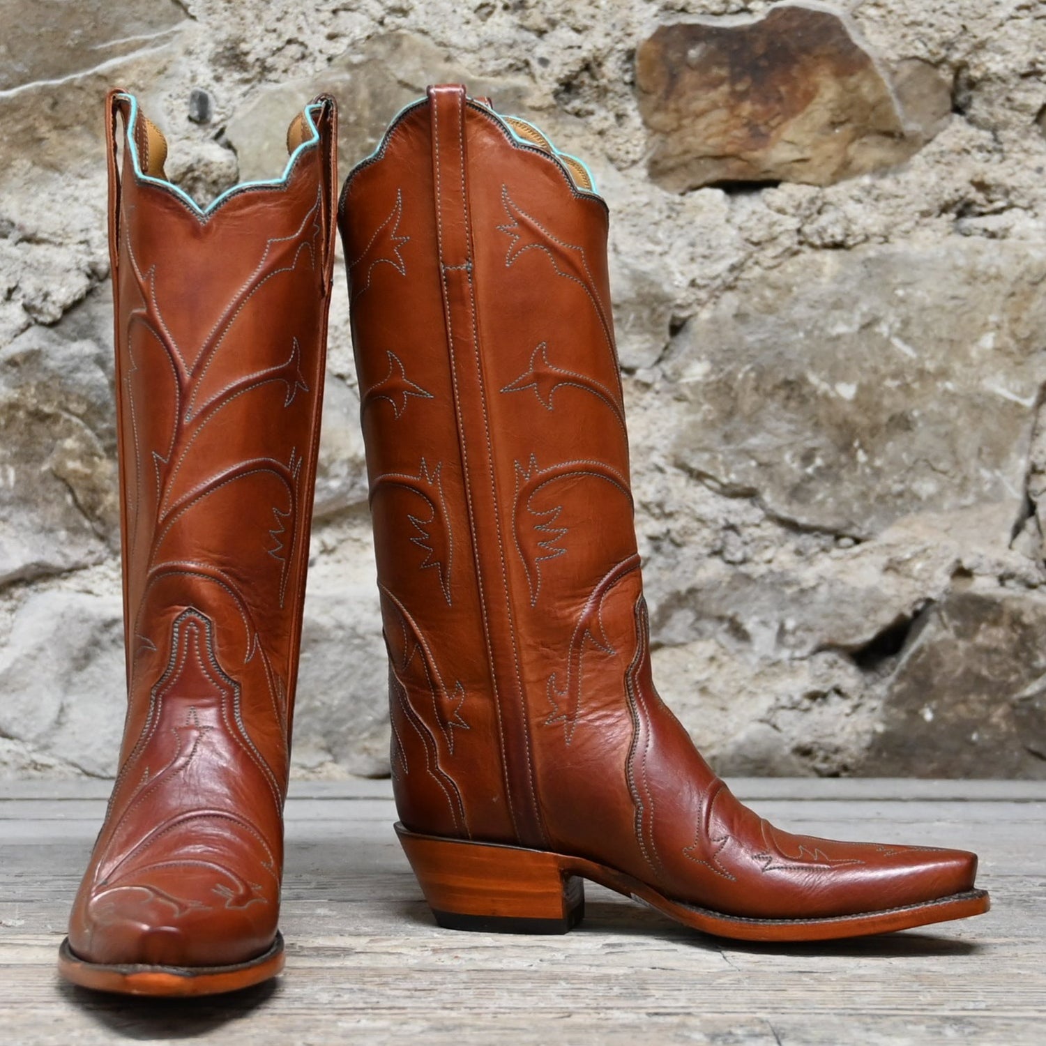Ladies 13&quot; Classic Triad Calf Leather Boot In Burnished Cognac W/Turquoise Stitching view of front and side