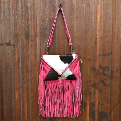 Myra Letterstone Trail Fringe Leather and Hair On in Pink view of bag hanging