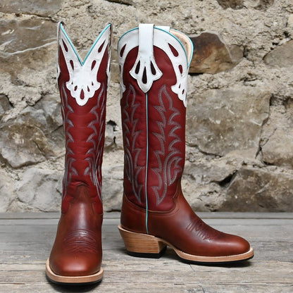 Nutted Calf Ladies 16&quot; Buckaroo Boot with Burgundy Top and Windy Seahorse Vamp view of front and side