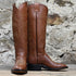View of Front and Side of Olathe 17" Leather Polo Style Boots, With Brown Mule Vamp and Roper Heel, Yellow Toe Bug Stitching.
