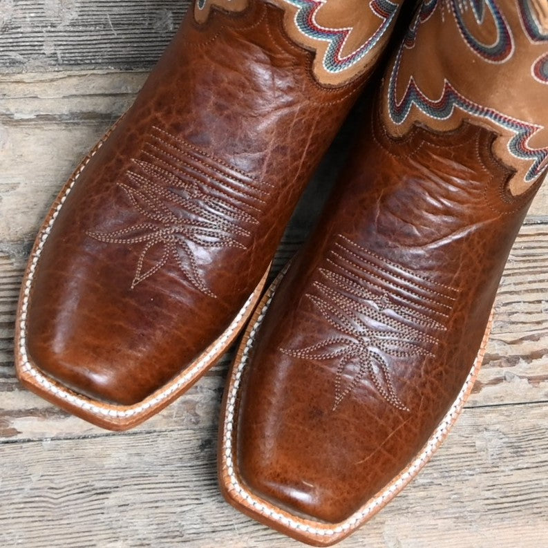 View of Hyer HAYS 13" boots showcasing brown Navaro American Bison vamp and Honey Mestizo cowhide top with Cutter toe and underslung heel
