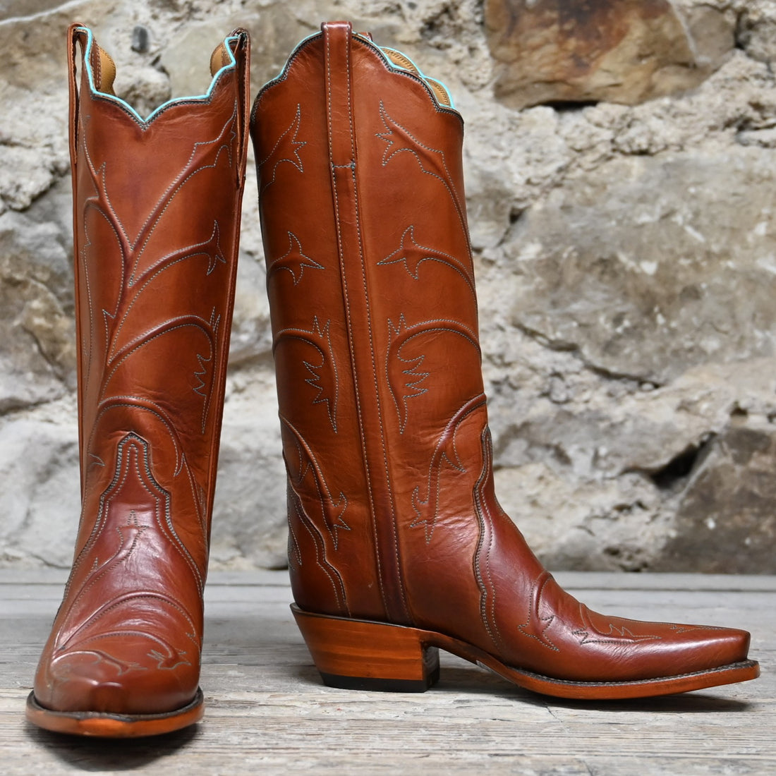 Lucchese Ladies Cleo Boot in burnished cognac calf leather with turquoise stitching and 13-inch shaft
