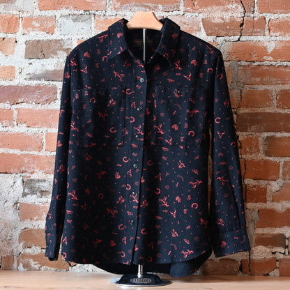 Filson ladies Rangeland flannel shirt in black with pink Western detail, spread collar, chest pockets