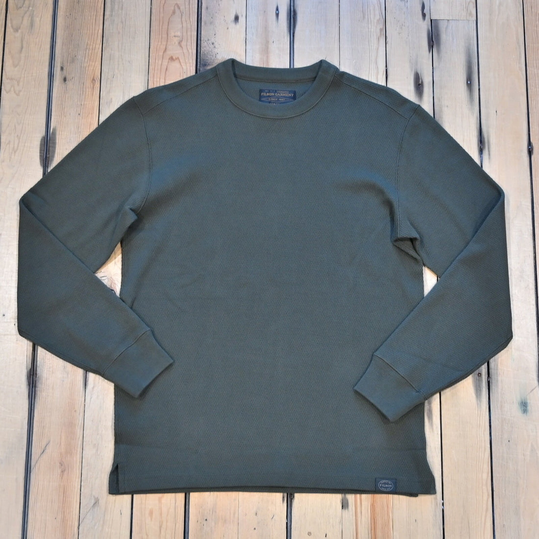 Filson Waffle Knit Thermal Crewneck in Mossy Rock waffle-knit cotton with rib-knit cuffs