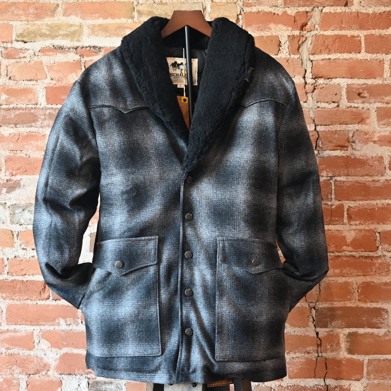 Schaefer Outfitter Wool Coat With Shearling Collar in black Melton wool with shearling collar and front pockets