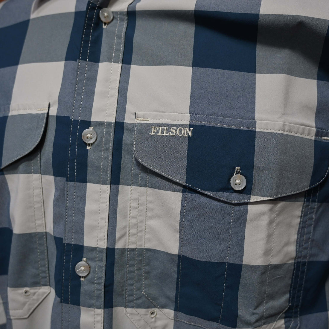 Filson Twin Lakes Sports Shirt in Cream and Teel by Filson view of detail